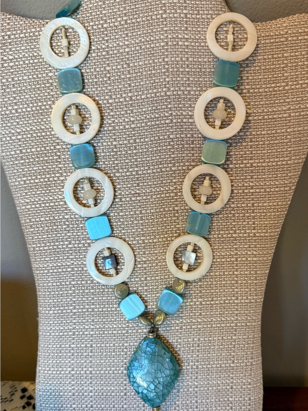 Artisan Mother of Pearl & Cat's Eye Geometric Statement Necklace Turquoise Blue